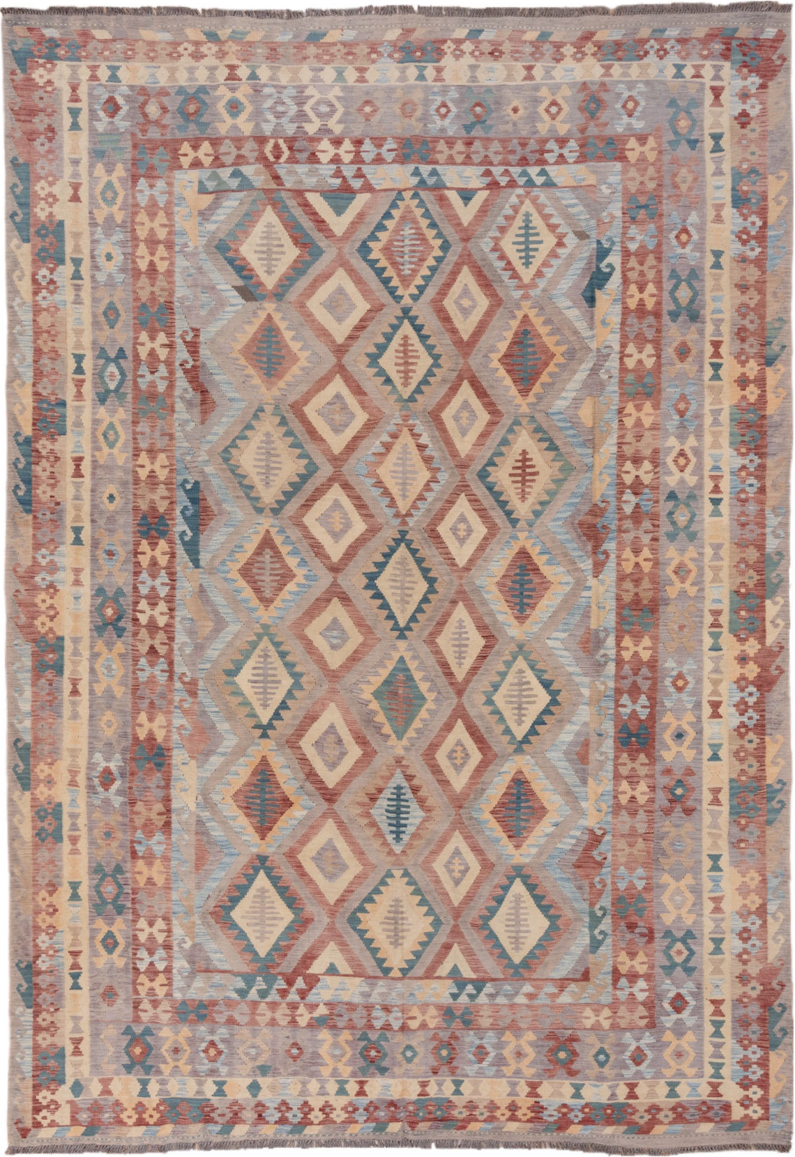 8' x 11' one-of-a-kind handmade vintage Kilim large size rug. Color palette: brown, dark gray, gray, light gray, orange