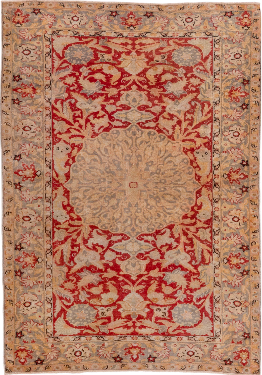4' x 5' one-of-a-kind handmade vintage Kaisary small size rug. Color palette: brown, dark red, gray, light gray, off-white