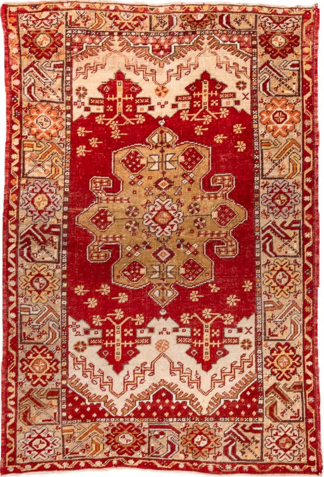 3' x 5' one-of-a-kind handmade vintage Oushak small size rug. Color palette: brown, fire brick, maroon, off-white, orange