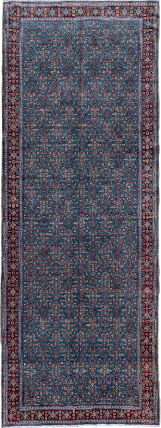 3' x 9' one-of-a-kind handmade vintage Senne runner rug. Color palette: arapawa, blue, brown, dark gray, fiord, gray, pink