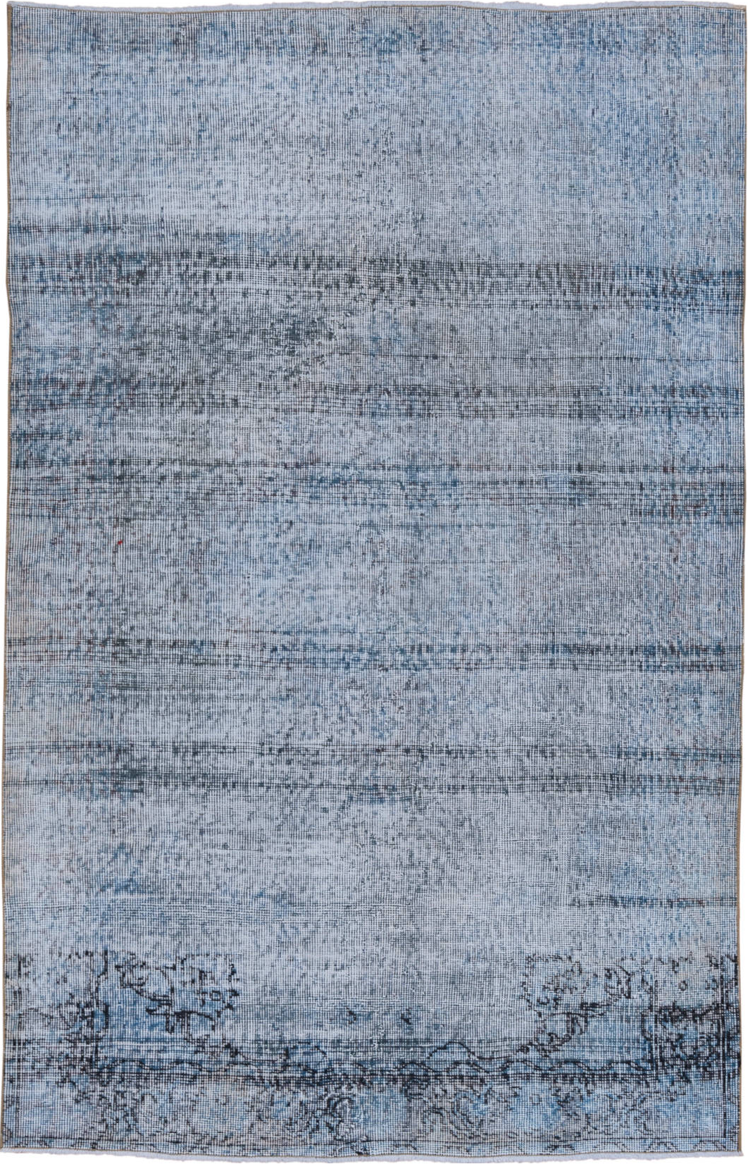 3' x 6' one-of-a-kind handmade vintage Overdyed small size rug. Color palette: blue, fiord, gray, light blue, light gray