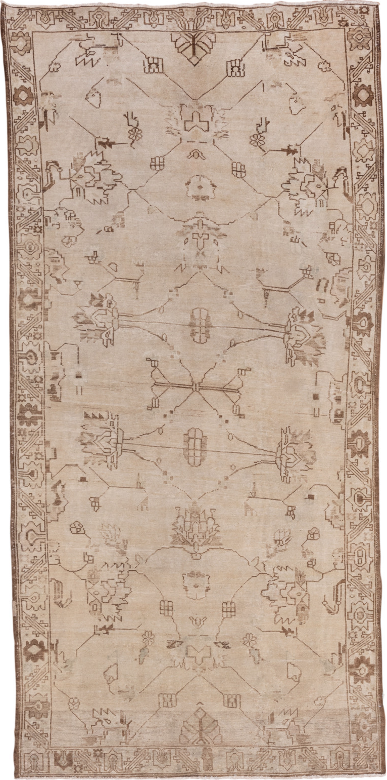4' x 10' one-of-a-kind handmade vintage Oushak runner rug. Color palette: pink, brown, gray, light gray, off-white, white