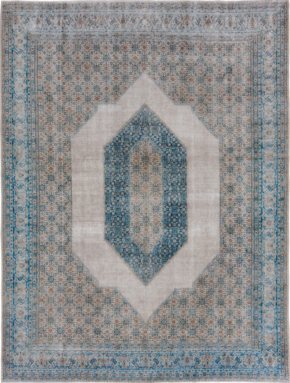 9' x 12' one-of-a-kind handmade vintage Tabriz large size rug. Color palette: gray, brown, blue, light gray, black