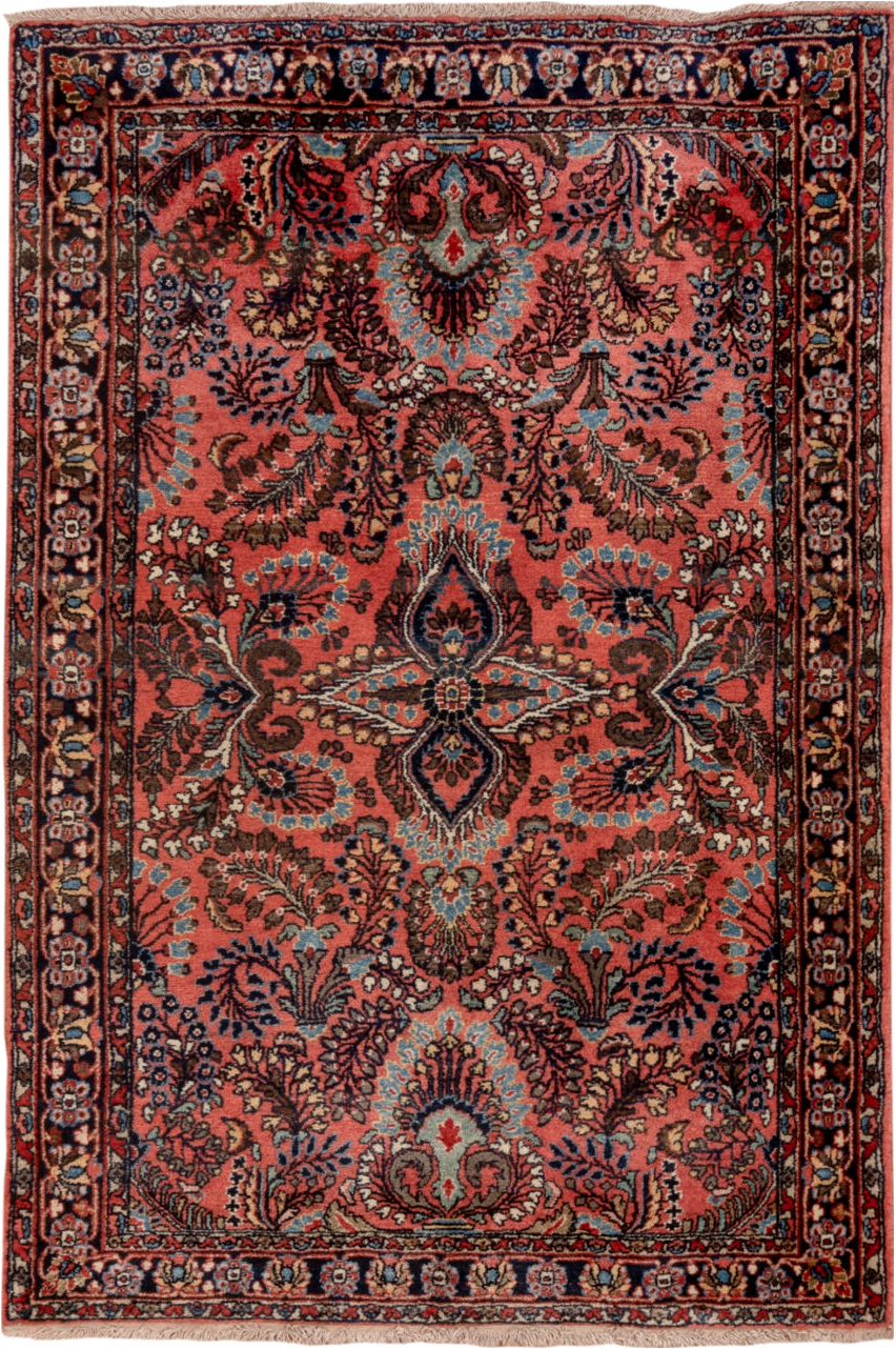 3' x 5' one-of-a-kind handmade vintage Sarouk small size rug. Color palette: black, blue, brown, gray, pink, red, redwood