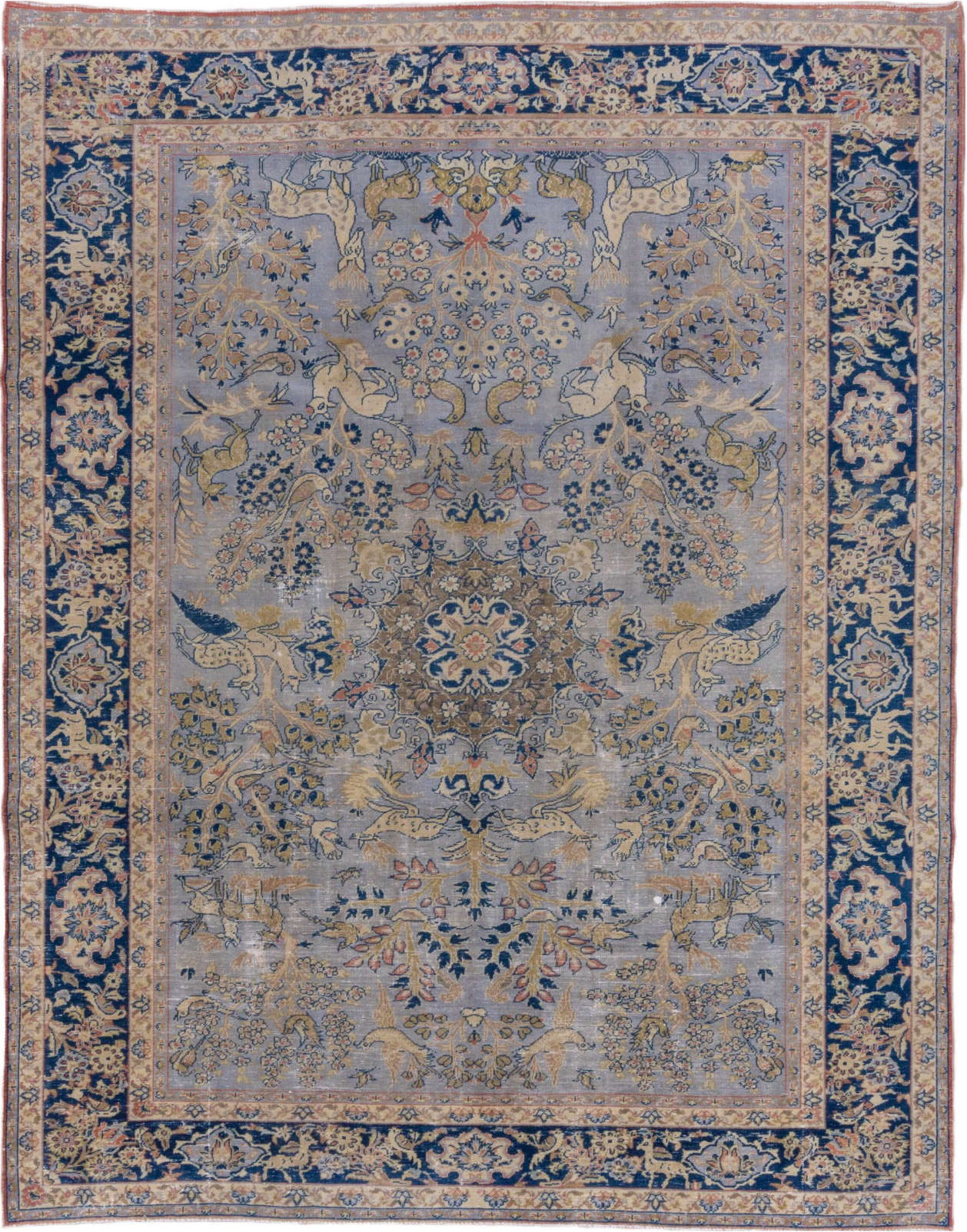7' x 10' one-of-a-kind handmade vintage Tabriz large size rug. Color palette: black, blue, brown, charcoal, dark gray, gray