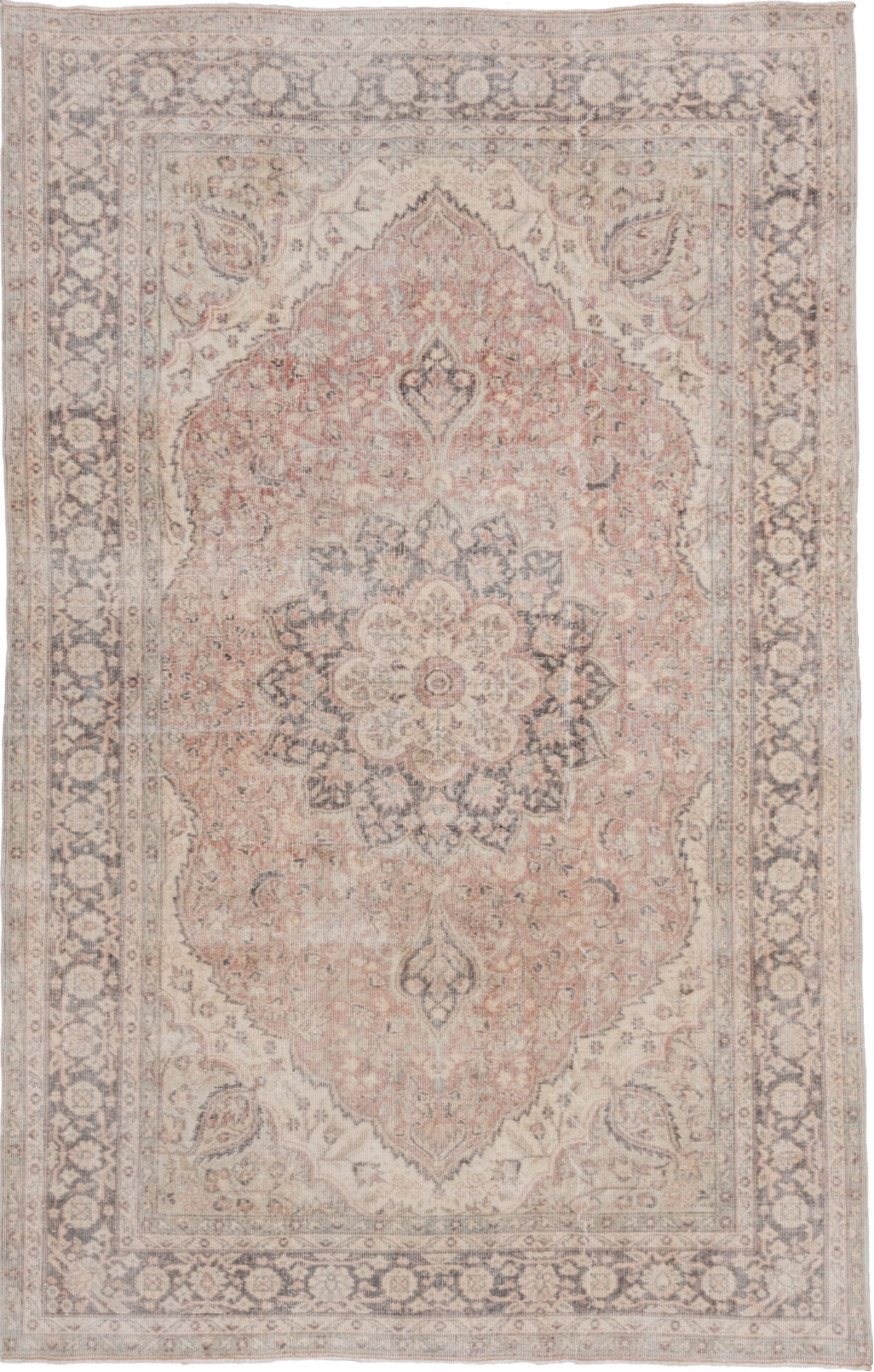 6' x 9' one-of-a-kind handmade vintage Oushak medium size rug. Color palette: gray, light gray, off-white, pink