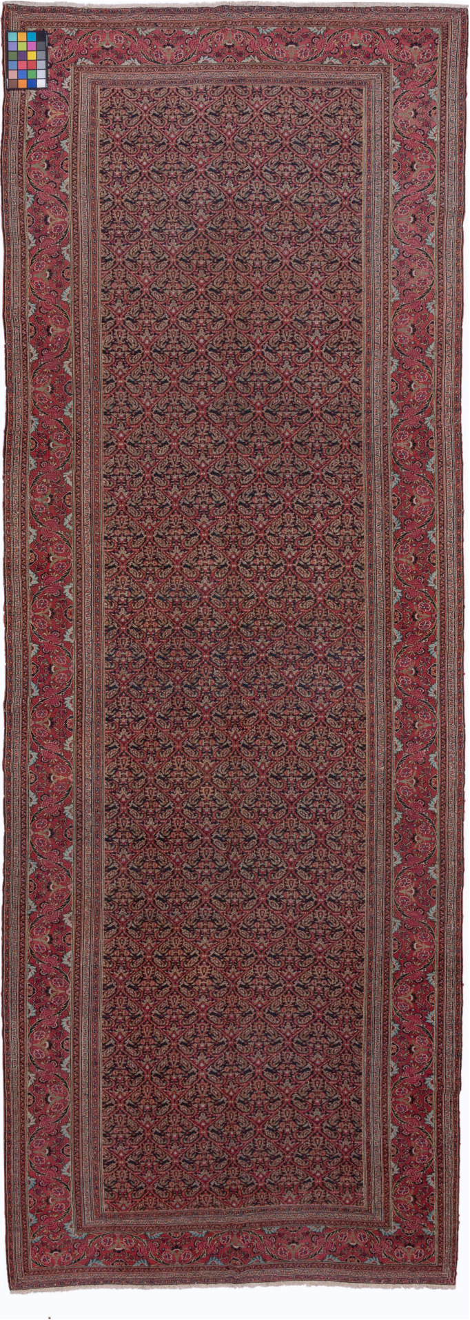 7' x 20' one-of-a-kind handmade vintage Khorassan rug. Color palette: brown, gray, pink, red, redwood