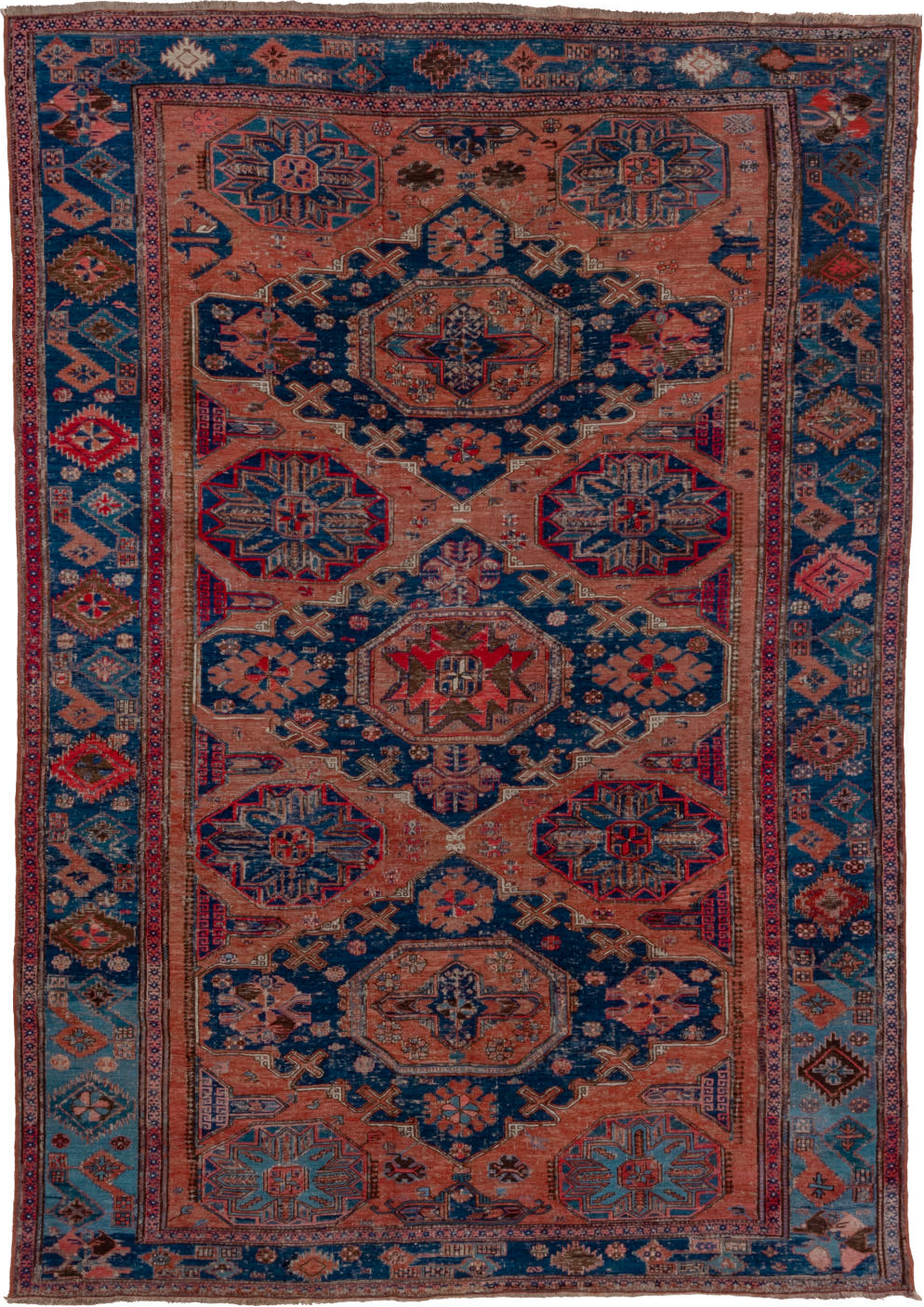 6' x 9' one-of-a-kind handmade vintage Sumak medium size rug. Color palette: arapawa, blue, brown, burgundy, gray, pink, red