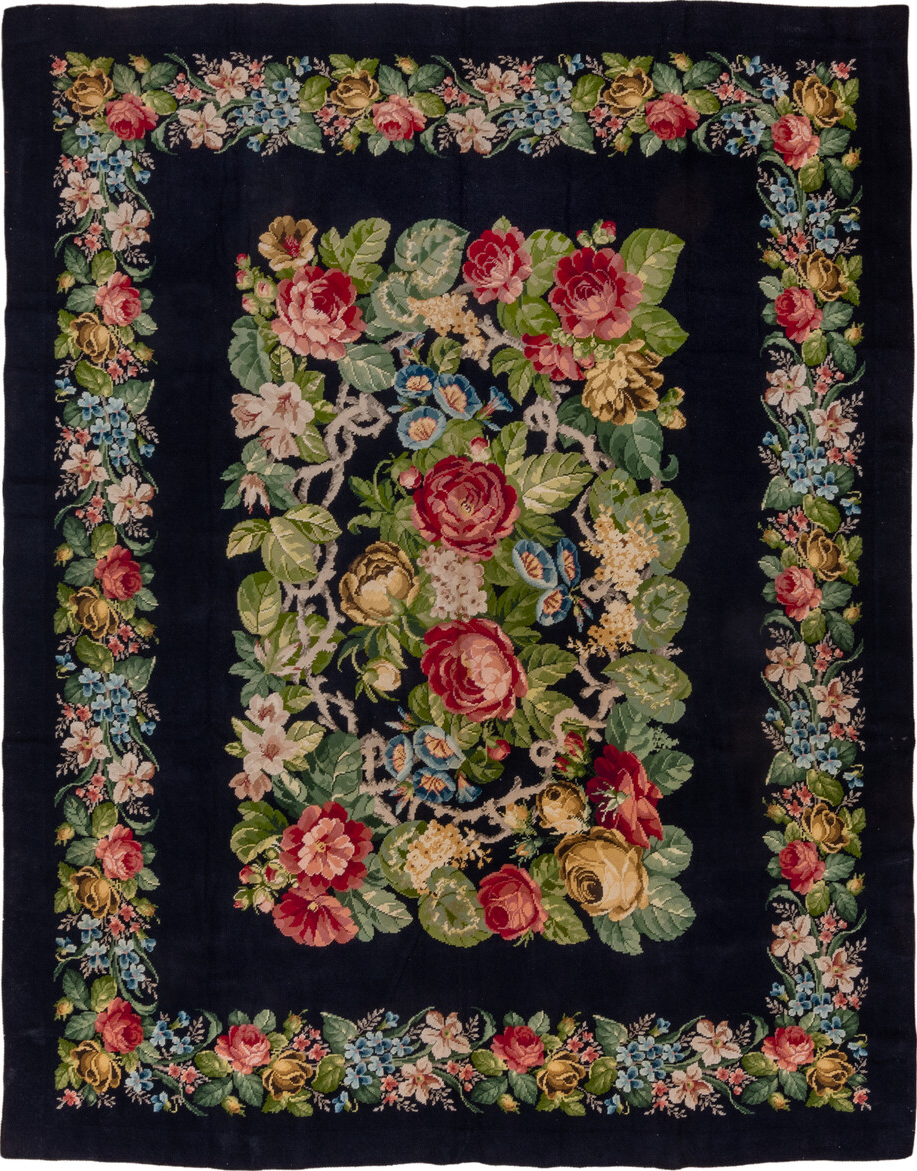 9' x 11' one-of-a-kind handmade vintage Needlepoint large size rug. Color palette: red, gray, pink, brown, green, blue