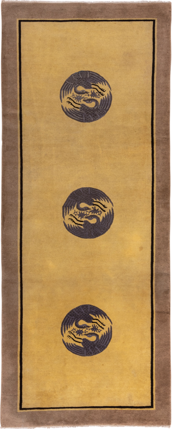 4' x 9' one-of-a-kind handmade vintage Chinese runner rug. Color palette: black, brown, gray, off-white, snow, white