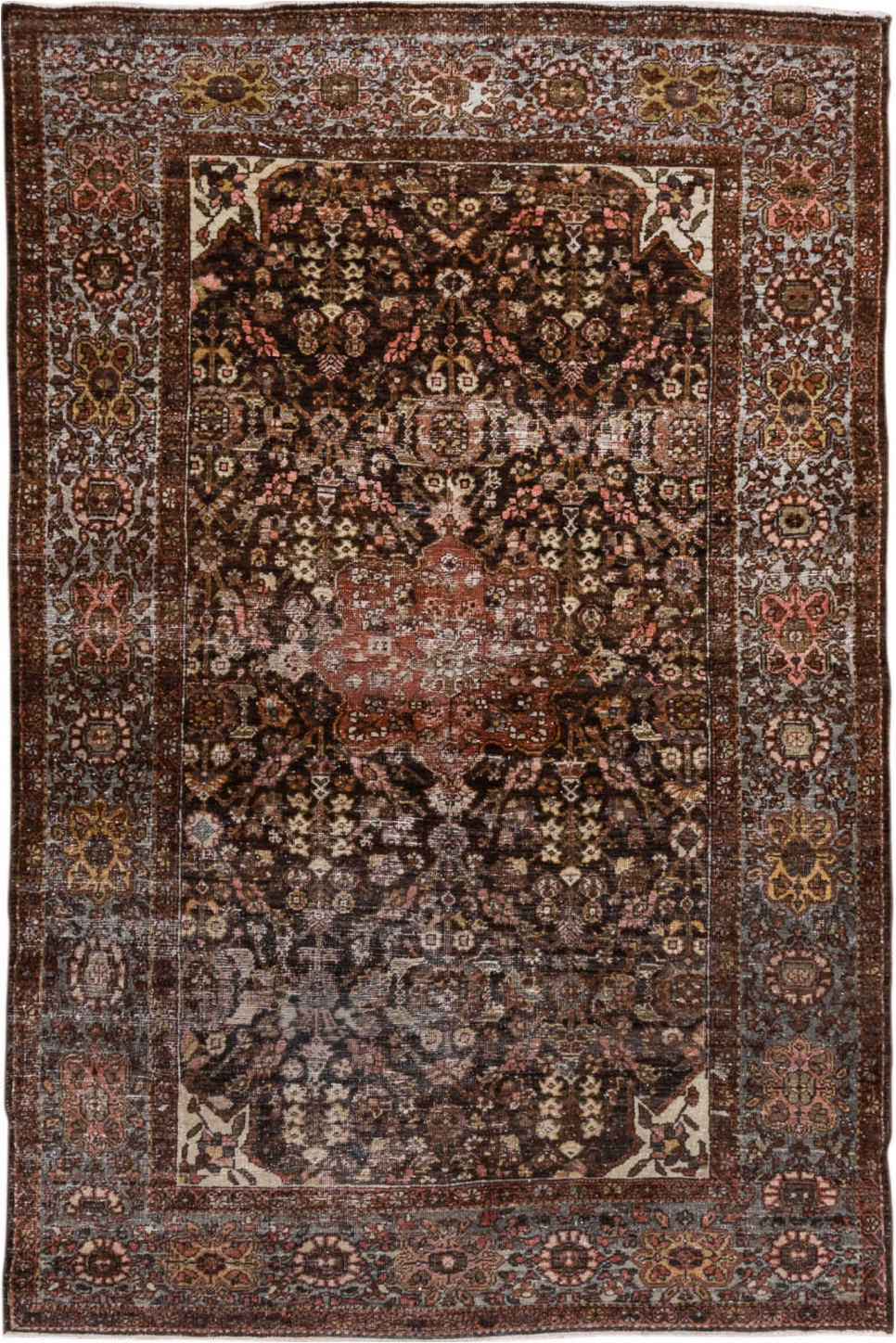 4' x 6' one-of-a-kind handmade vintage Far.Sarouk small size rug. Color palette: brown, gray, light gray, off-white, pink
