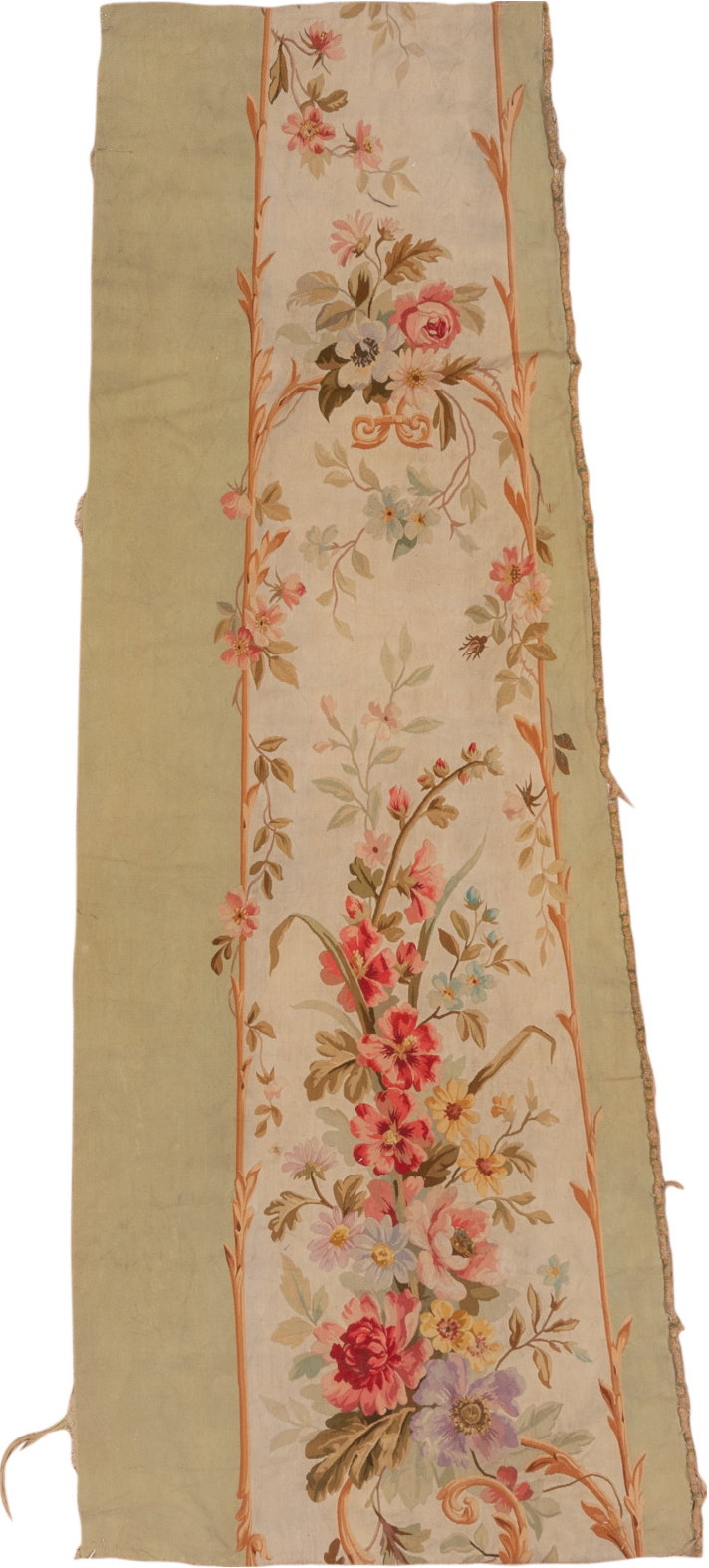 2' x 7' one-of-a-kind handmade vintage Aubusson runner rug. Color palette: brown, gray, off-white, pink, red, snow, white