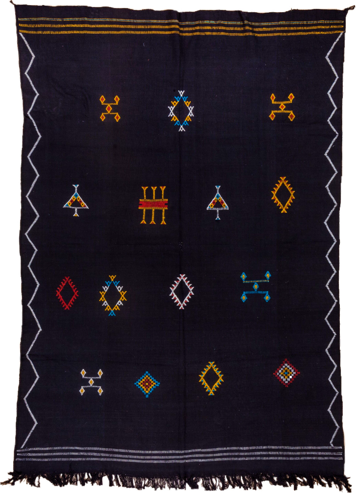 6' x 8' one-of-a-kind handmade vintage Cactus Kilim medium size rug. Color palette: gray, brown, blue, light blue, red