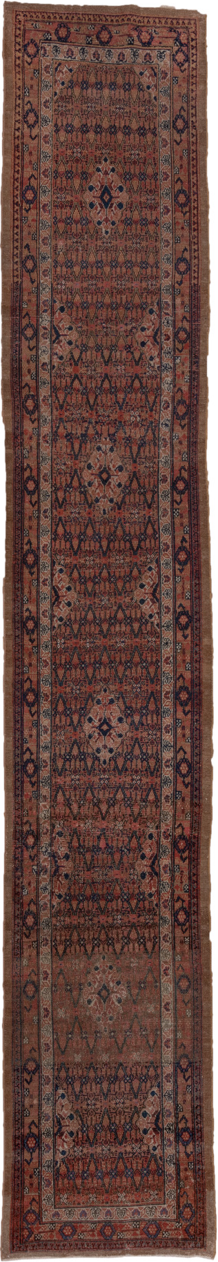2' x 15' one-of-a-kind handmade vintage Cam Hamadan runner rug. Color palette: brown, gray, off-white, pink, red, redwood