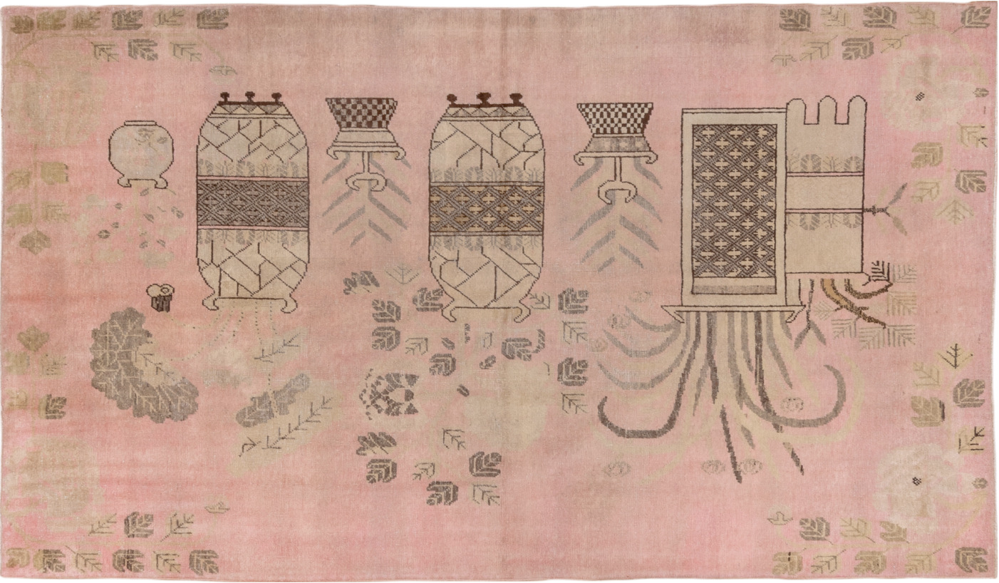 4' x 7' one-of-a-kind handmade vintage Khotan rug. Color palette: pink, brown, gray, off-white, light gray, white, snow
