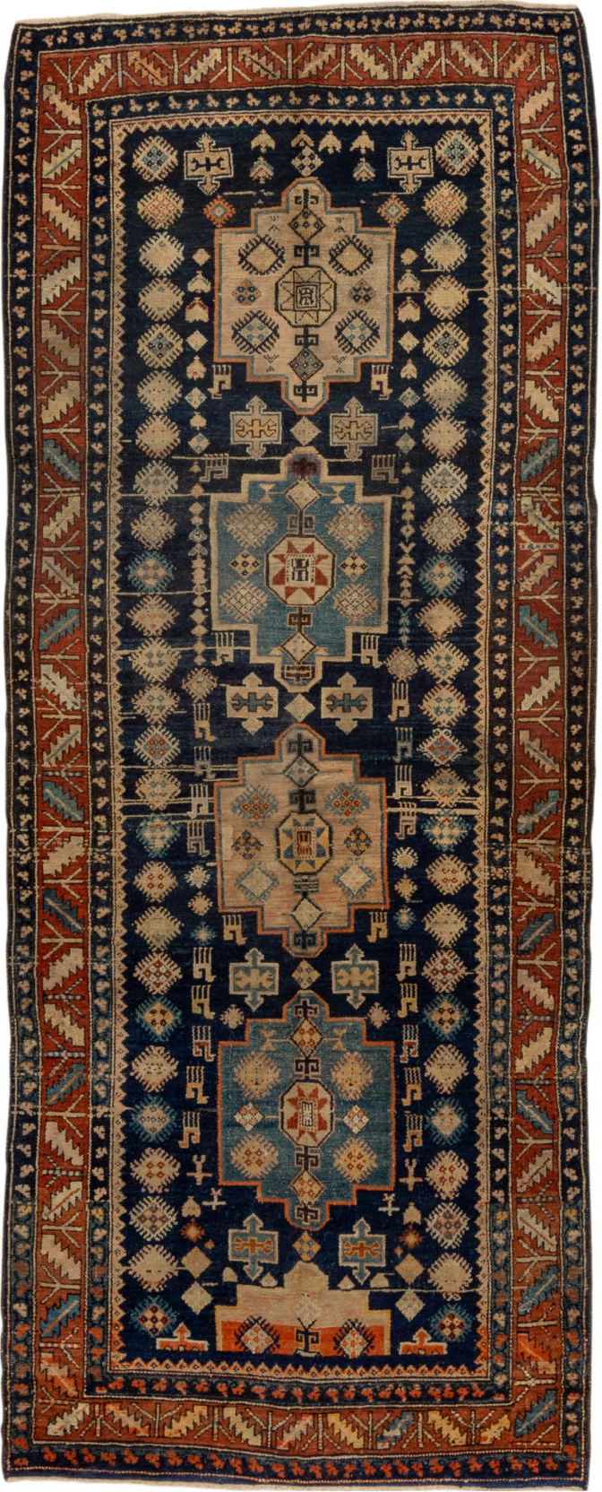 4' x 10' one-of-a-kind handmade vintage Hamadan runner rug. Color palette: black, blue, brown, gray, saddle brown