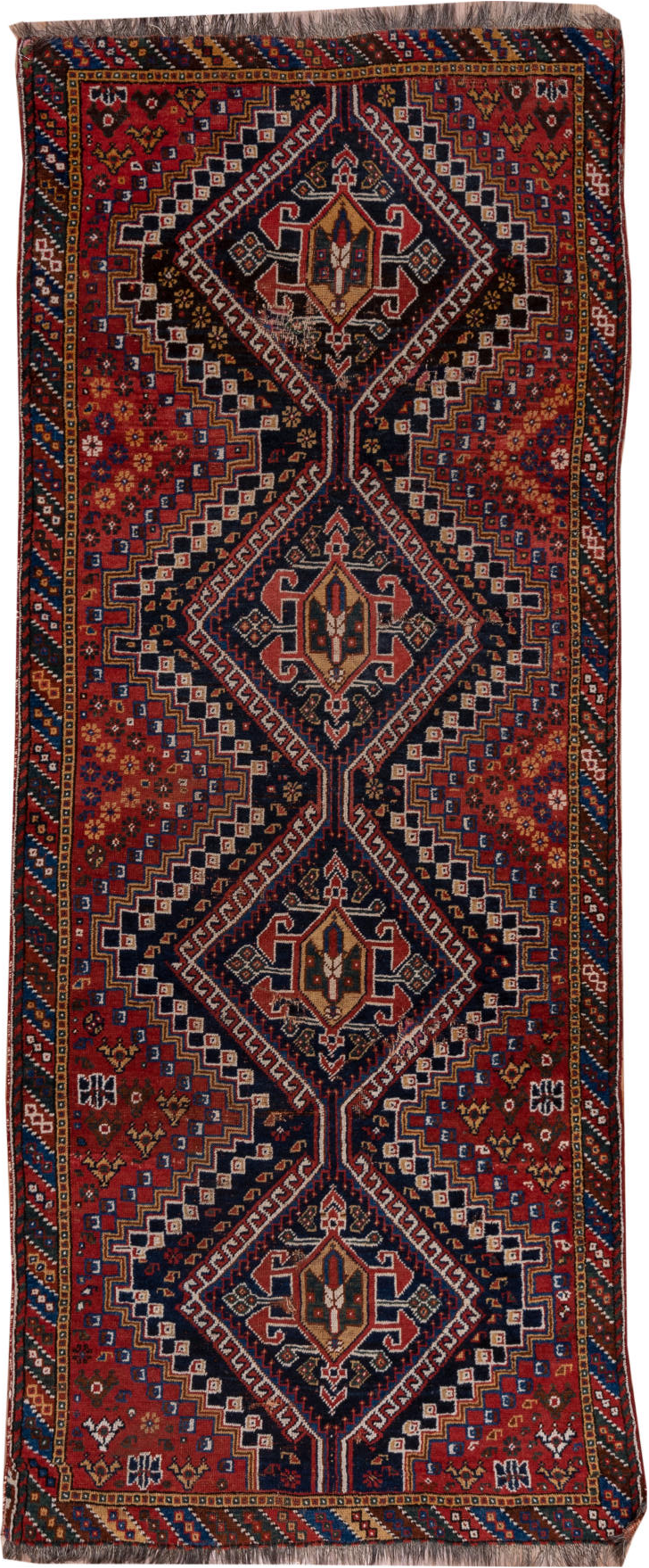 3' x 9' one-of-a-kind handmade vintage Shiraz runner rug. Color palette: black, blue, brown, fiord, gray, pink, red