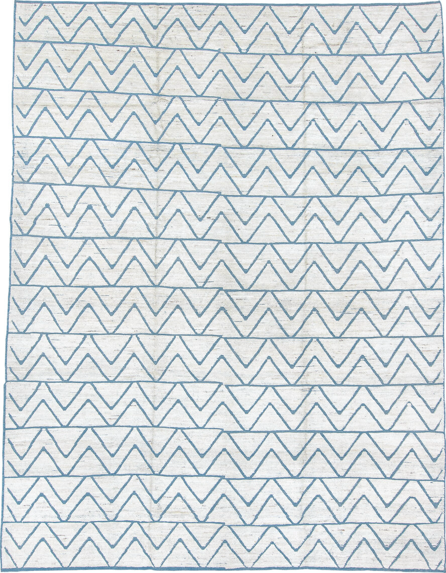 9' x 12' one-of-a-kind handmade vintage Tulu large size rug. Color palette: arapawa, blue, dark gray, gainsboro, gray