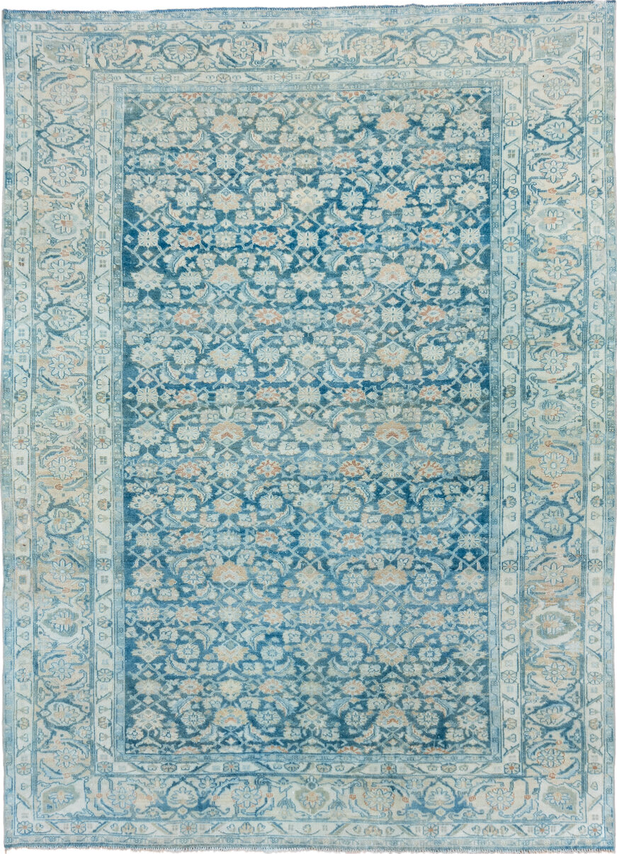 8' x 11' one-of-a-kind handmade vintage Malayer large size rug. Color palette: light gray, light blue, off-white, gray, blue