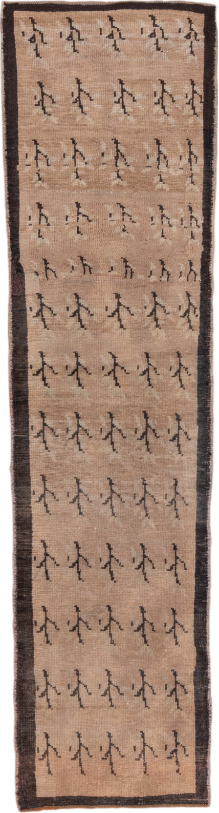 2' x 7' one-of-a-kind handmade vintage Oushak runner rug. Color palette: black, brown, gray, light gray, off-white, pink