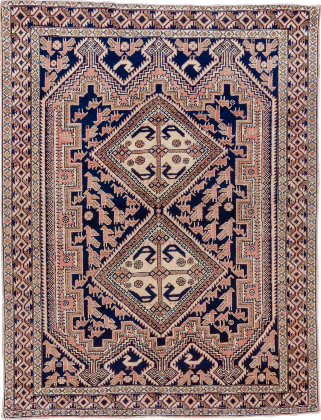 4' x 5' one-of-a-kind handmade vintage Afshar small size rug. Color palette: black, brown, gray, light gray, off-white