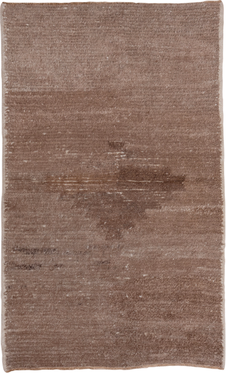 4' x 6' one-of-a-kind handmade vintage Tulu small size rug. Color palette: brown, gray, light gray, off-white, pink, snow