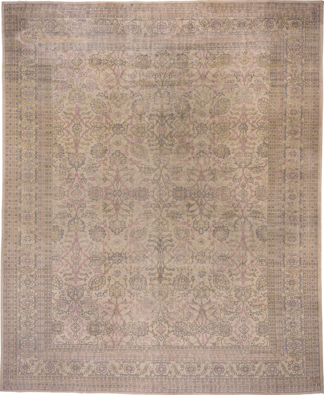 12' x 14' one-of-a-kind handmade vintage Sivas oversize rug. Color palette: pink, brown, light gray, off-white, gray