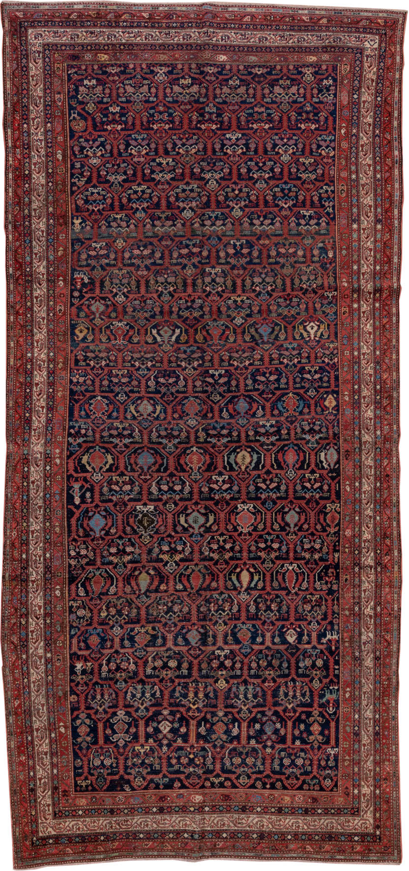 5' x 12' one-of-a-kind handmade vintage Malayer rug. Color palette: blue, brown, gray, pink, red, redwood