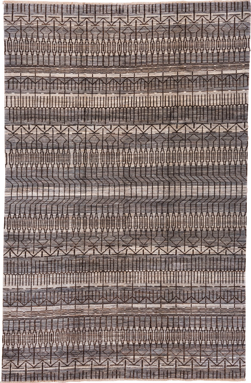 6' x 9' one-of-a-kind handmade vintage Gabbe medium size rug. Color palette: gray, black, brown, light gray, off-white, pink