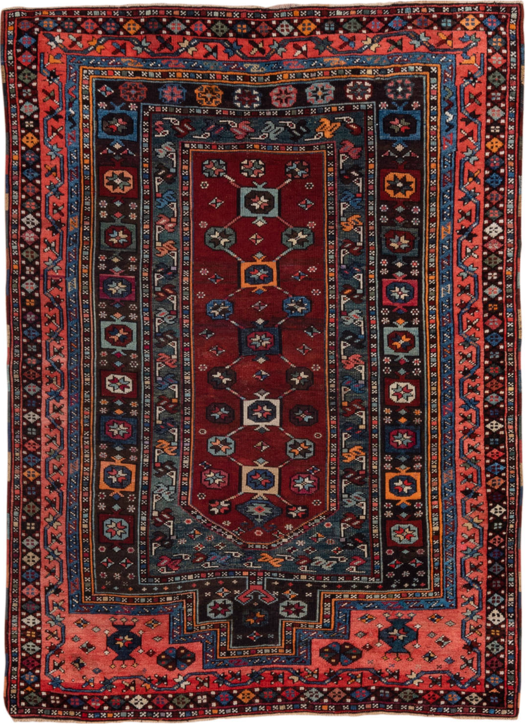 4' x 5' one-of-a-kind handmade vintage Shirvan small size rug. Color palette: black, blue, brown, dim gray, fiord