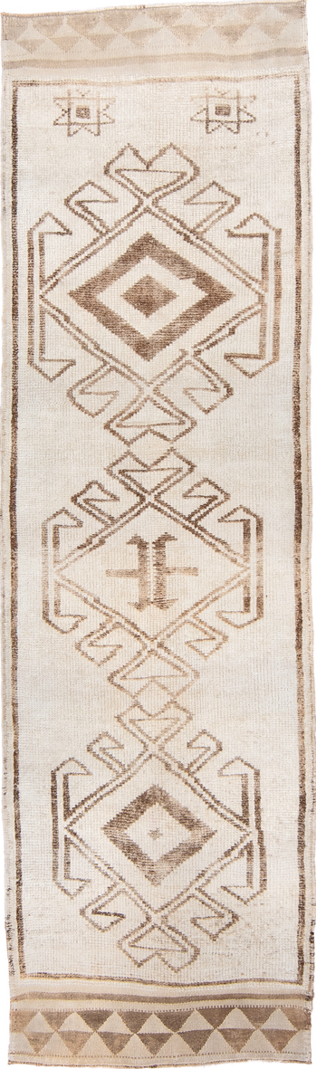 3' x 9' one-of-a-kind handmade vintage Kars runner rug. Color palette: off-white, gray, light gray, brown, pink, orange