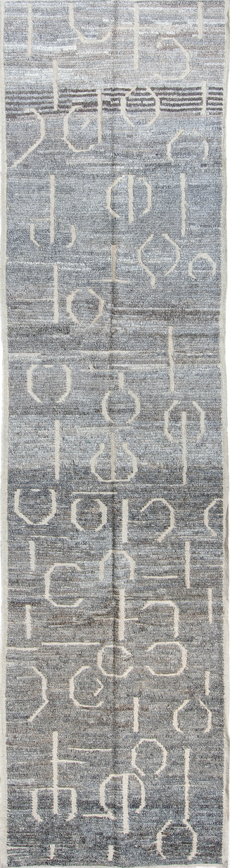 3' x 11' one-of-a-kind handmade vintage Tulu runner rug. Color palette: dim gray, gainsboro, gray, light blue, light gray