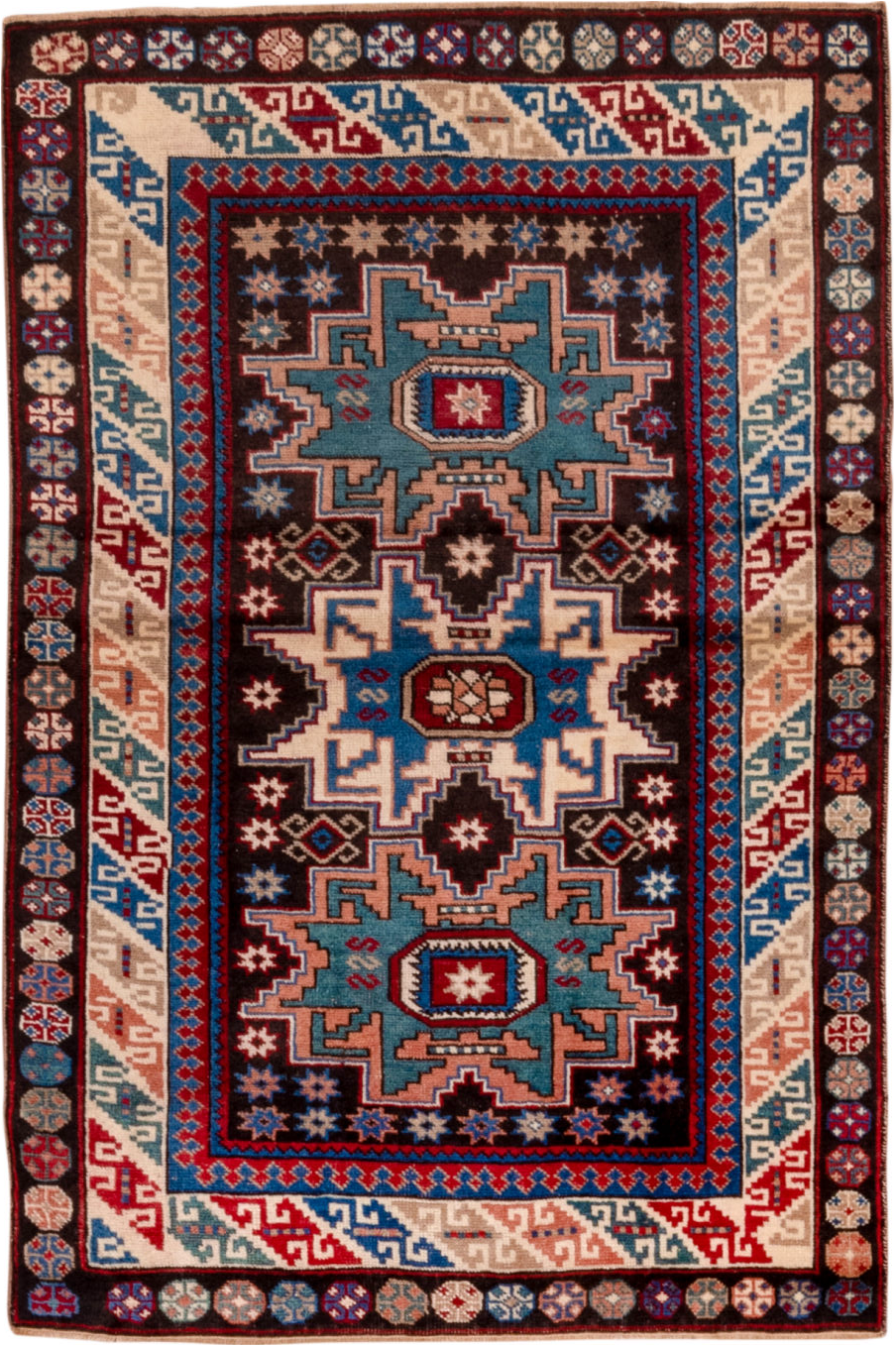 3' x 5' one-of-a-kind handmade vintage Caucasian small size rug. Color palette: black, blue, brown, fiord, gray, off-white