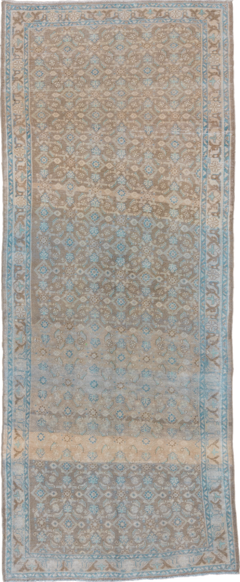 3' x 10' one-of-a-kind handmade vintage Mahal runner rug. Color palette: gray, light gray, off-white, light blue, dark gray