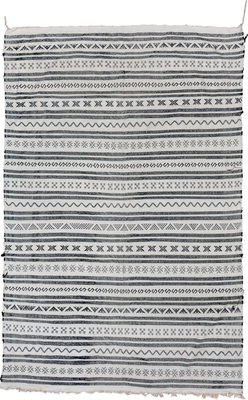 6' x 9' one-of-a-kind handmade vintage Cactus Kilim medium size rug. Color palette: gray, light gray, blue, black, off-white