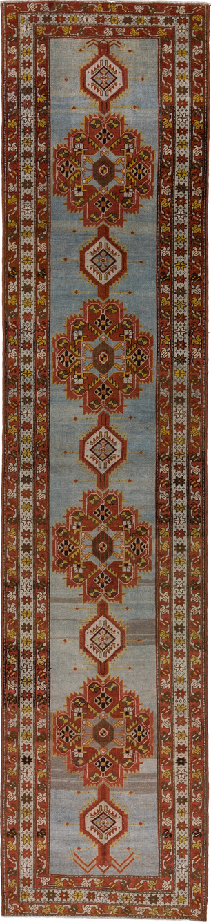 3' x 14' one-of-a-kind handmade vintage Heriz runner rug. Color palette: brown, dim gray, gray