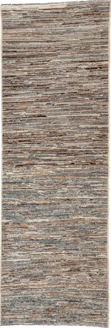 3' x 9' one-of-a-kind handmade vintage Tulu runner rug. Color palette: brown, gray, light gray, off-white