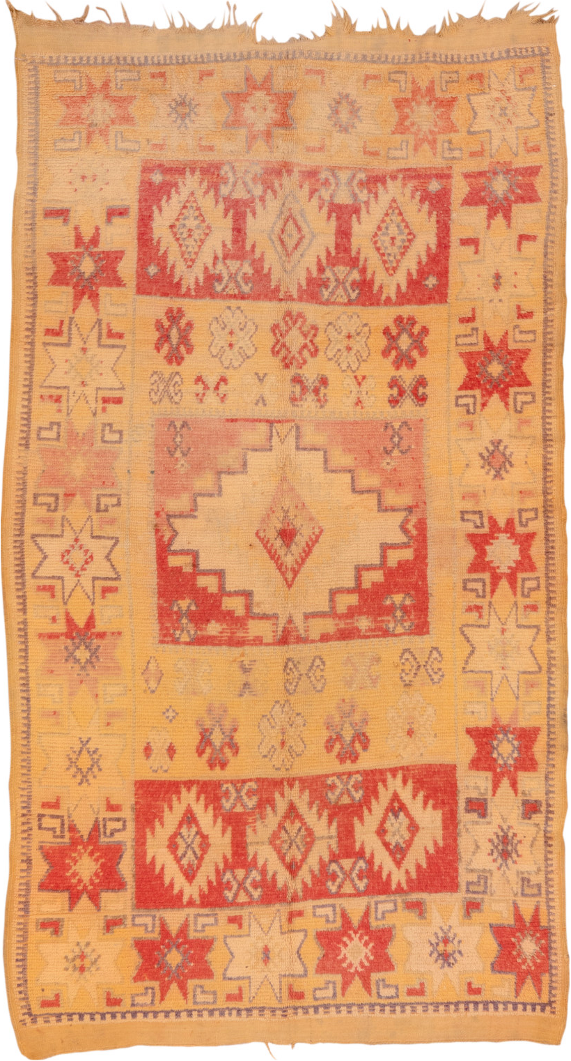 5' x 9' one-of-a-kind handmade vintage Moroccan medium size rug. Color palette: brown, off-white, orange, pink, red