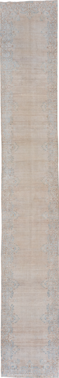 2' x 14' one-of-a-kind handmade vintage Kerman runner rug. Color palette: off-white, gray, light gray, brown, white, snow