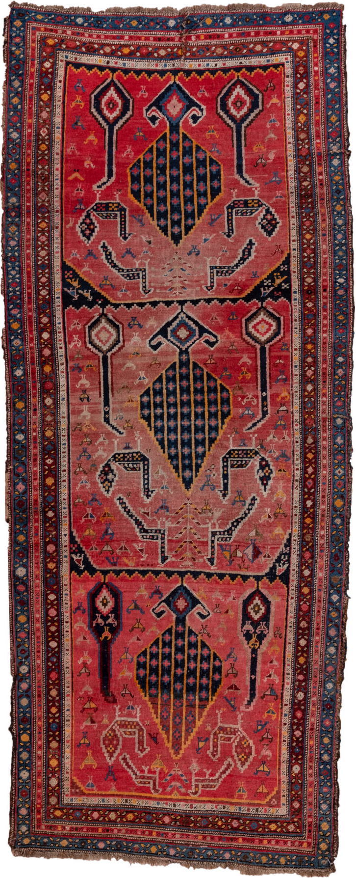 3' x 8' one-of-a-kind handmade vintage Karabagh runner rug. Color palette: black, blue, brown, burgundy, gray, pink, red