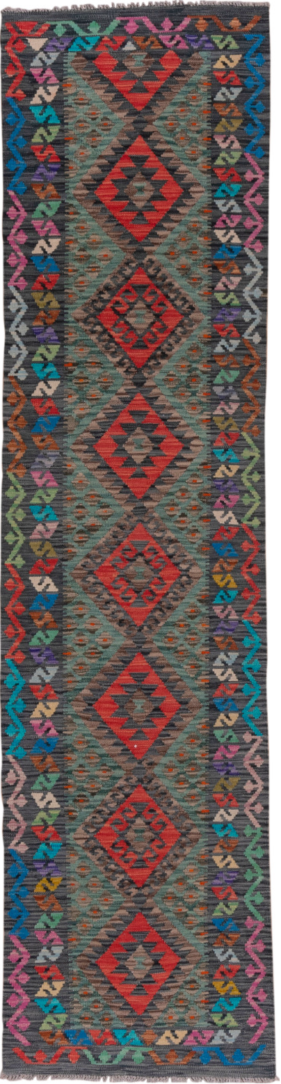 2' x 9' one-of-a-kind handmade vintage Kilim runner rug. Color palette: black, blue, brown, charcoal, gray, green, pink, red