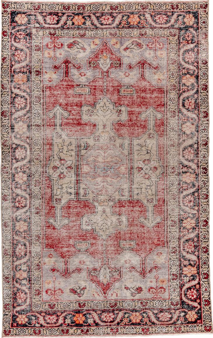 4' x 7' one-of-a-kind handmade vintage Oushak rug. Color palette: light gray, off-white, gray, pink, red, brown, black