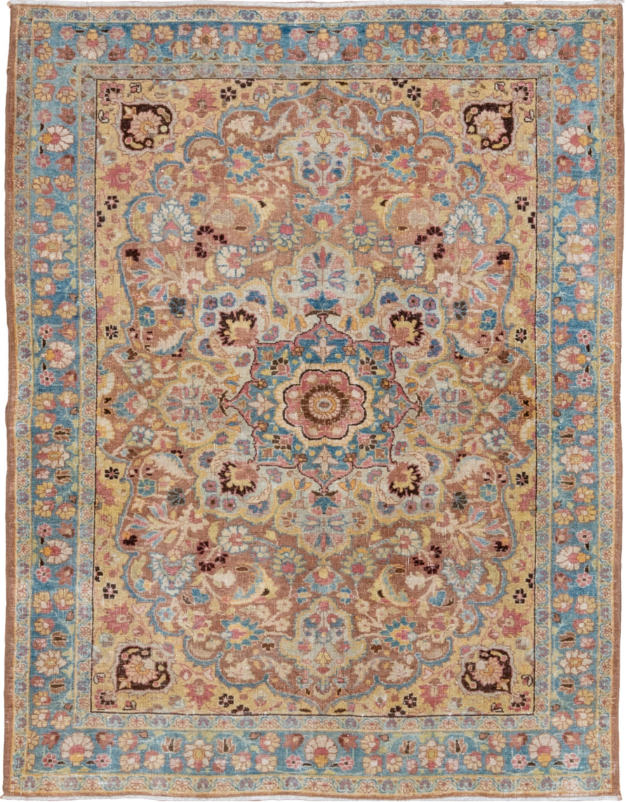 4' x 5' one-of-a-kind handmade vintage Tabriz small size rug. Color palette: blue, brown, gray, light gray, off-white