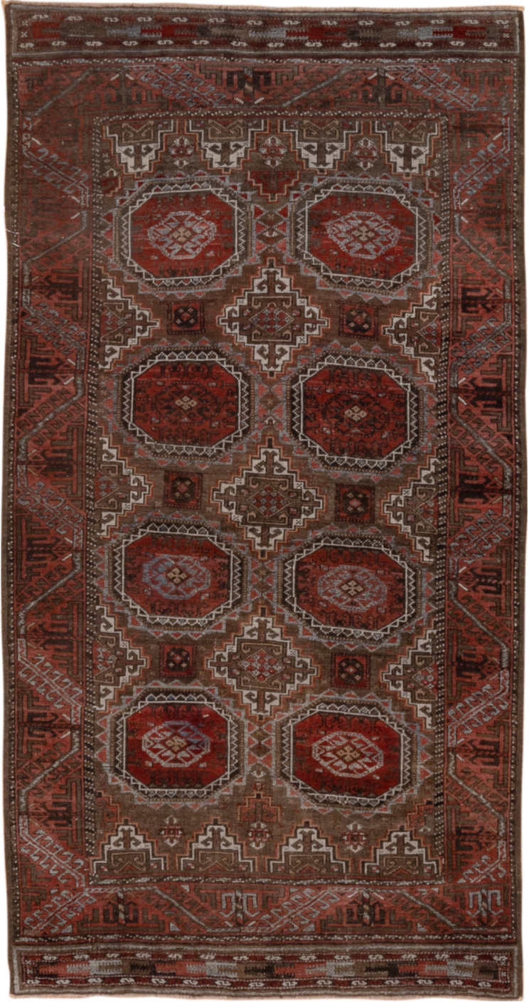 3' x 6' one-of-a-kind handmade vintage Belouch small size rug. Color palette: brown, gray, pink, red, redwood