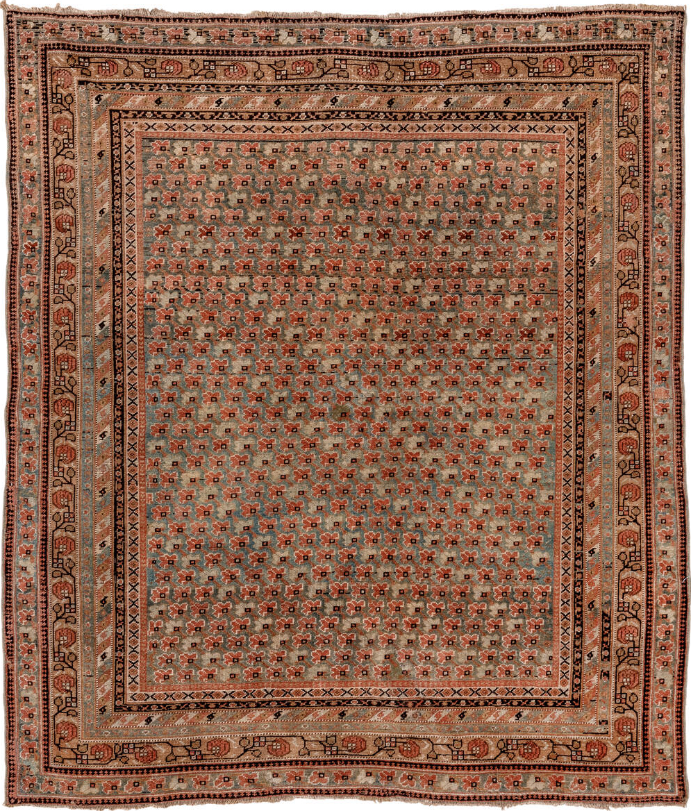 4' x 5' one-of-a-kind handmade vintage Afshar small size rug. Color palette: brown, gray, black, pink, orange, off-white