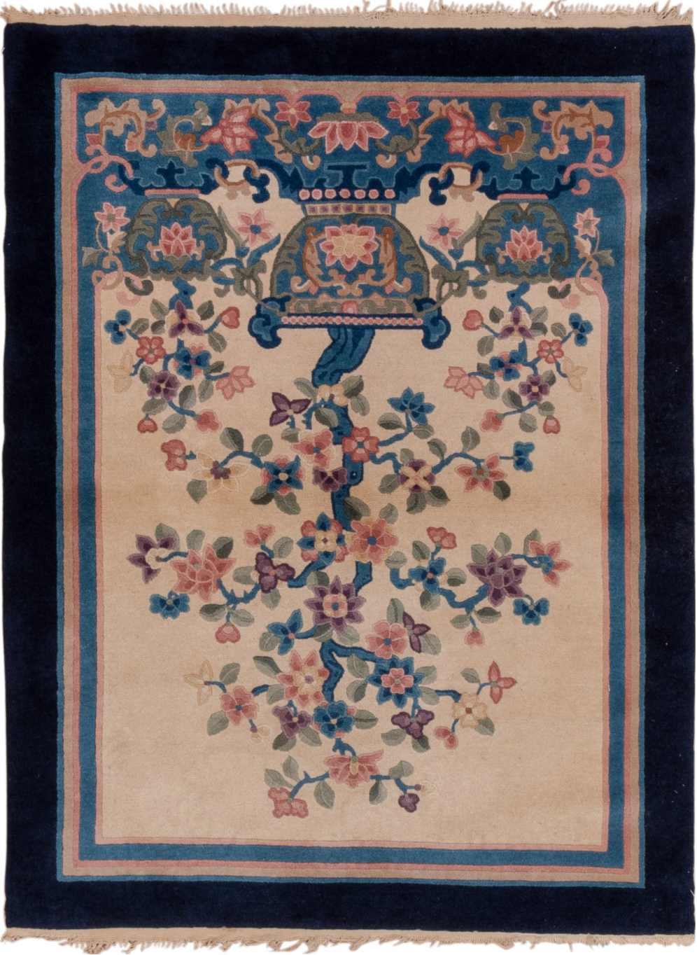 4' x 5' one-of-a-kind handmade vintage Chinese small size rug. Color palette: arapawa, black, blue, brown, charcoal, gray