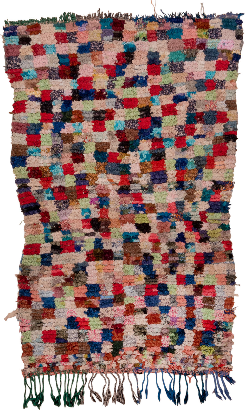 4' x 6' one-of-a-kind handmade vintage Rag Rug small size rug. Color palette: black, blue, brown, cadet blue, fire brick