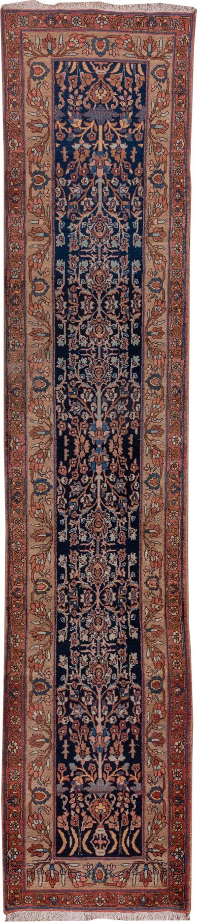 3' x 14' one-of-a-kind handmade vintage Bidjar runner rug. Color palette: blue, brown, gray, pink, redwood
