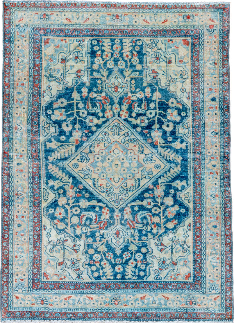 4' x 6' one-of-a-kind handmade vintage Malayer small size rug. Color palette: light gray, off-white, gray, light blue, blue