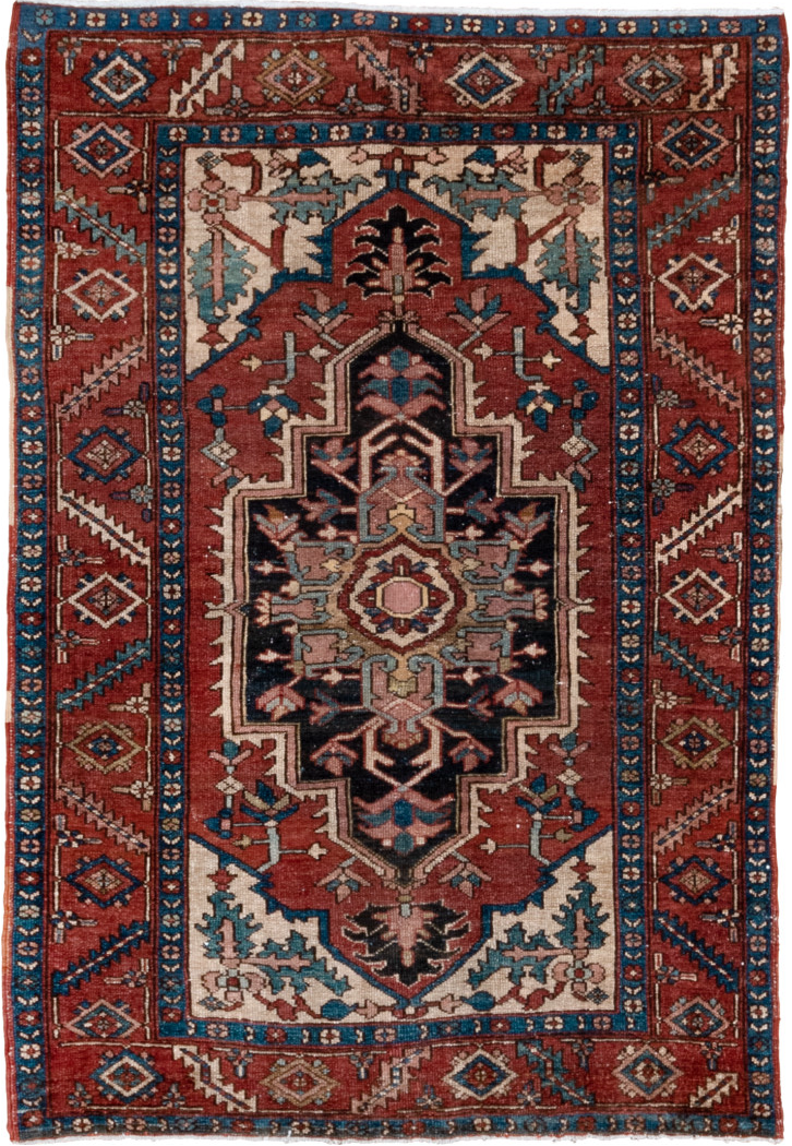 4' x 6' one-of-a-kind handmade vintage Serapi small size rug. Color palette: arapawa, blue, brown, dim gray, gray, pink, red